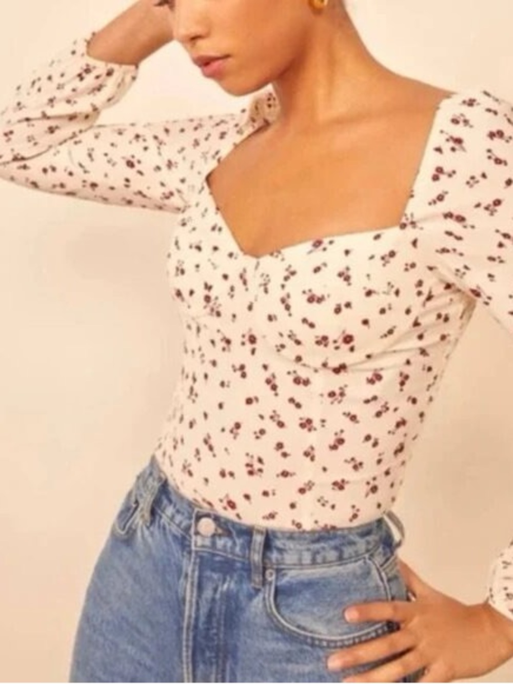 Reformation Reign Floral Square-Neck Long Sleeve Top Cream Red Spring‎ Sz 6